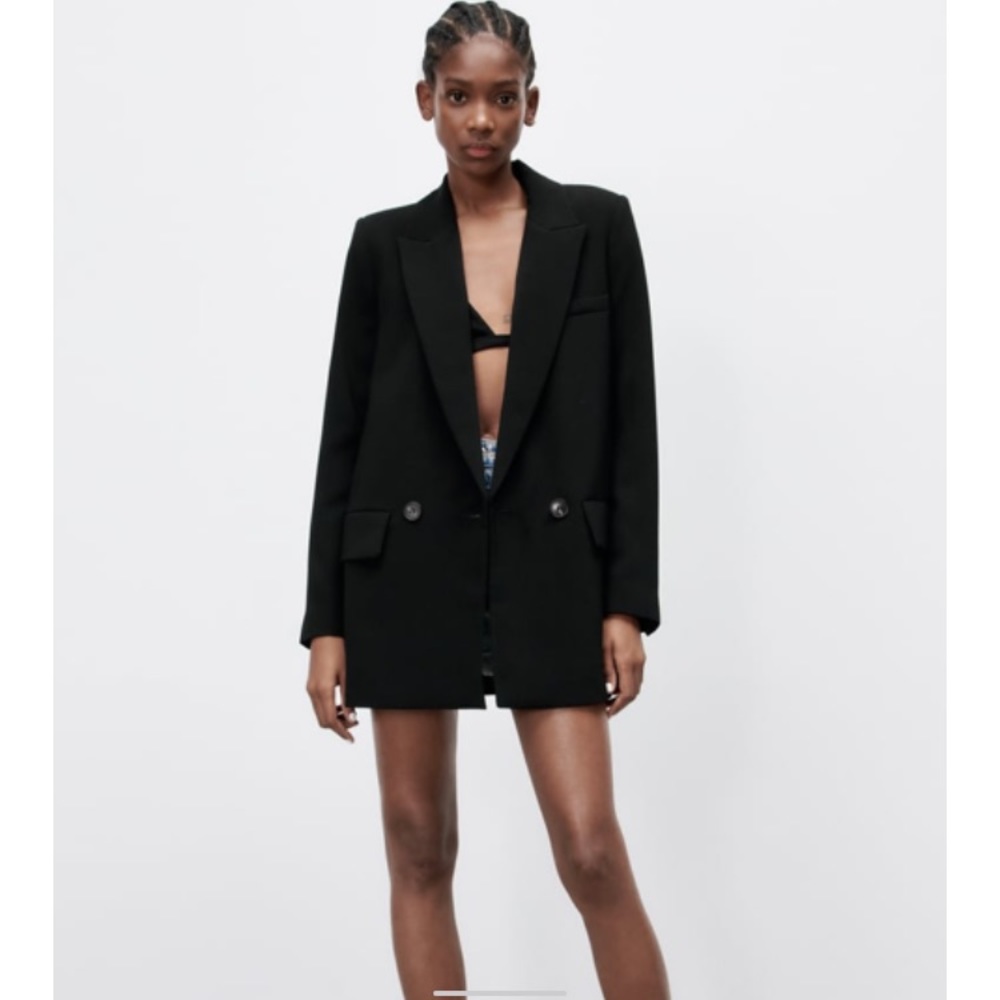 Zara Flowy Jacket Black Blazer - Size M - Black/Brown Marble Detail Buttons